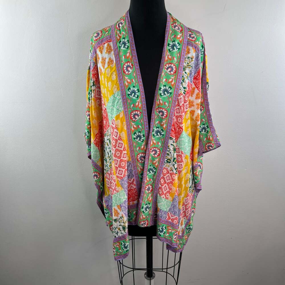 TOLANI Collection Raelyn Kimono Patchwork Open Front Colorful Boho Cardigan 1XP - Picture 2 of 10